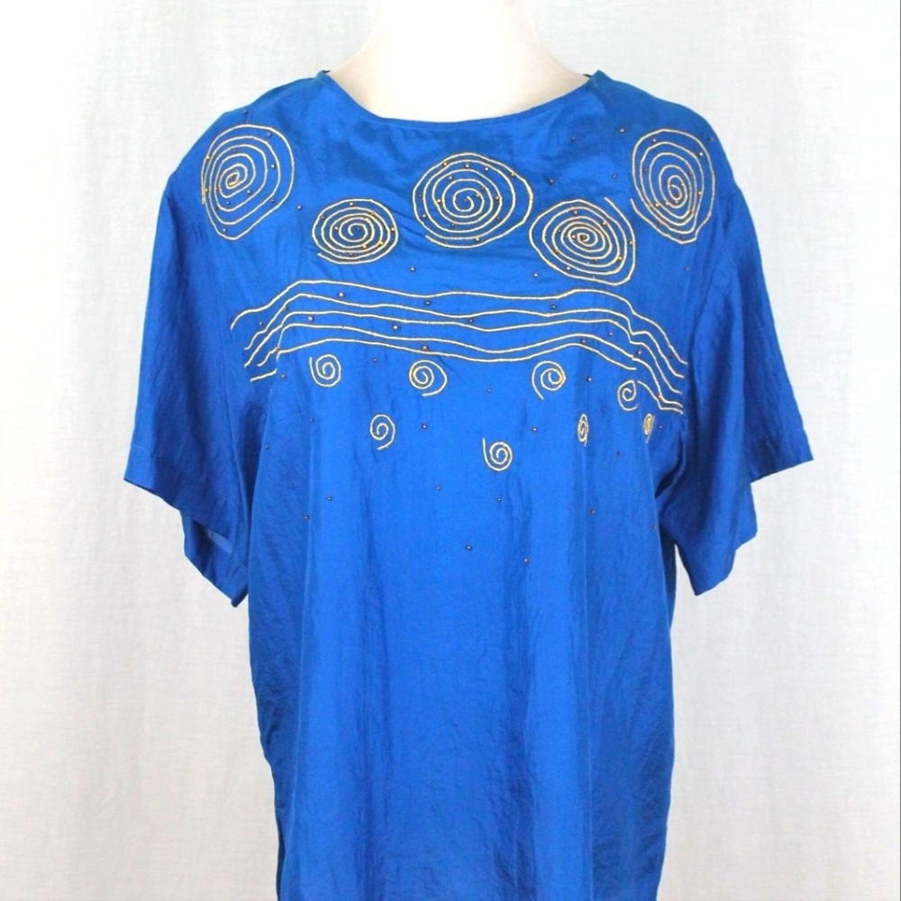 Vintage Carole Little Embellished Turquoise Blue and Gold Silk Popover Top 4